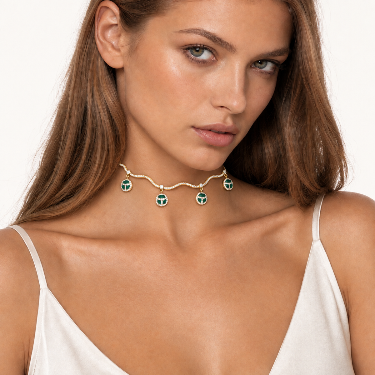 Emerald Orbit Necklace on model